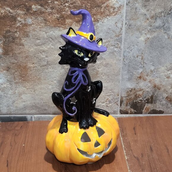 Black Witch Cat on Pumpkin Tealight Candle Holder Halloween - Picture 6 of 11